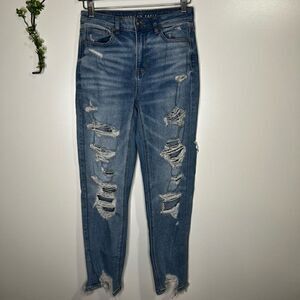 American Eagle Womens Denim Jeans Distressed Mom Jean Blue Wash Sz 4